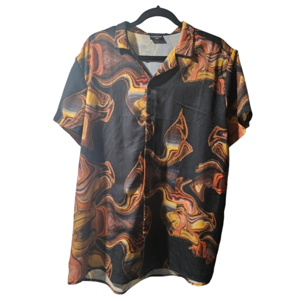 Icon Swim Men's Black and Orange Swirl Pattern Shirt XXL